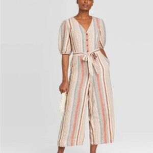 Universal Thread 4X Jumpsuit Stripe Linen Puffy Short Sleeve Button Front